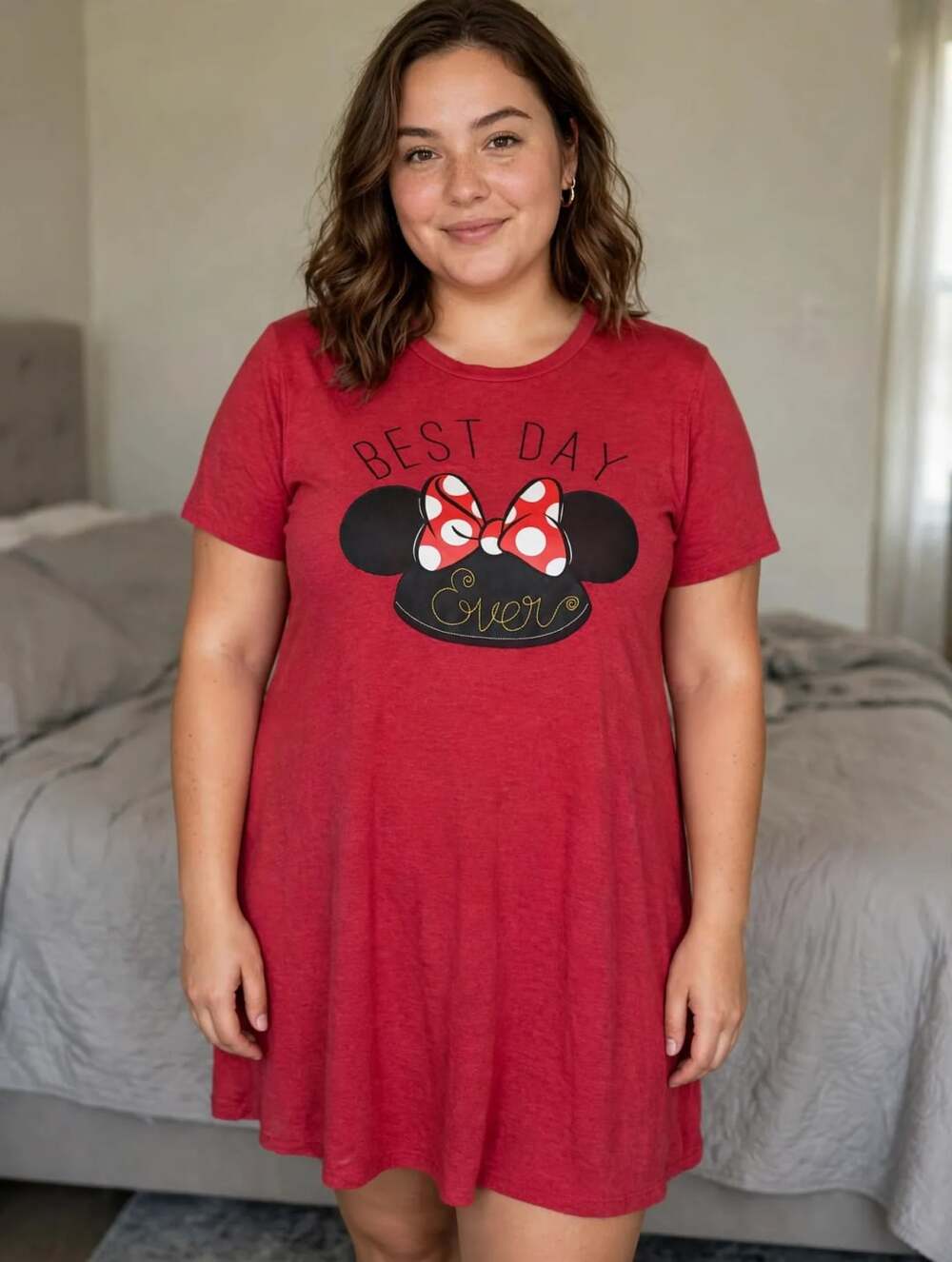 Disney Parks Authentic T-Shirt Tunic Minnie Mouse Bow Best Day Womens S Red